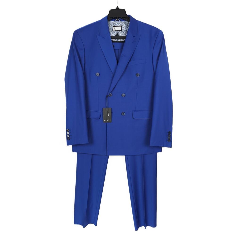 Ron Tomson Mens 2 Piece Suit 46L 40W Blue Stretch Wool Tailored Fit NWT *Defect*